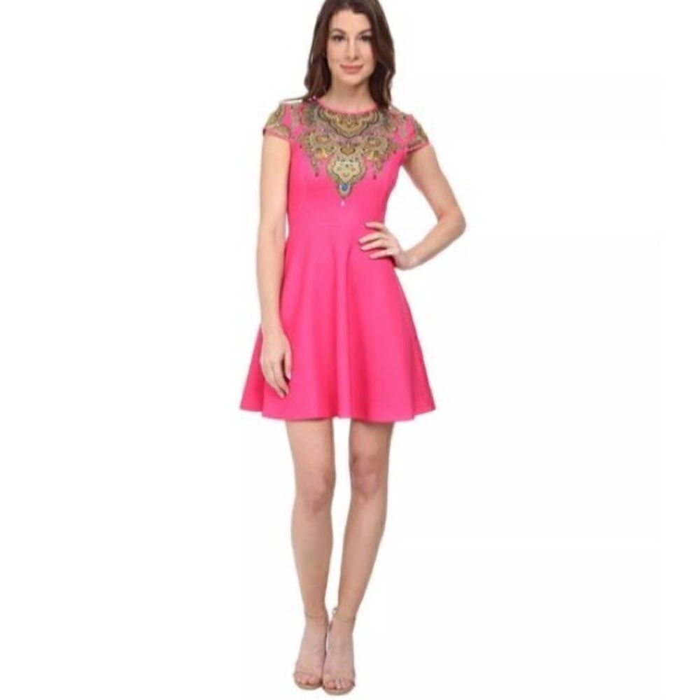 Ted Baker Size 1 Marliza Fit Flare Mini Dress Bright Pink Jewel Chain Print Bold
